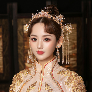 金色秀禾圆脸头饰大气2021新款秀禾服结婚发饰中式新娘简约凤冠女