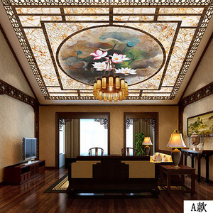 古典中式天花板壁纸客厅屋顶吊顶墙纸3d立体顶棚天顶无缝壁画荷花