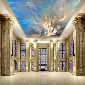 火烧云天花板壁纸云彩墙纸金色祥云欧式酒店吊顶客厅自然景观墙布