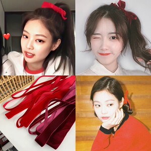 编发丝带 jennie同款正红色/酒红色丝绒日系少女蝴蝶结飘带发带