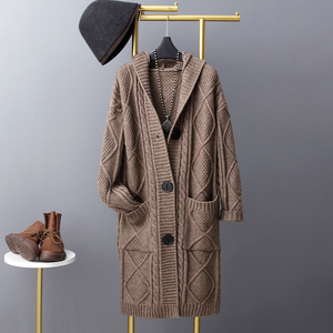 连帽大口袋加厚粗毛线大衣外套针织开衫中长款女秋冬外搭麻花毛衣