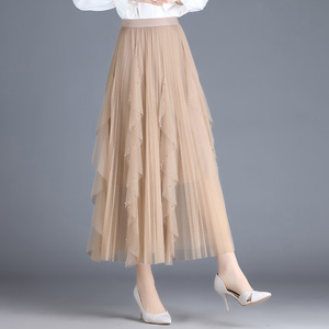 卡其色网纱半身裙女春秋中长款高级纱裙子百褶裙垂坠感a字沙群冬
