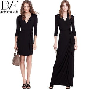 SZ DVF真丝裹身裙2024夏新款黑色修身显瘦明星同款裹胸系带连衣裙