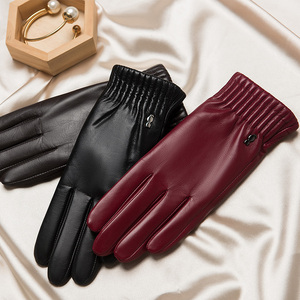 山羊皮机车手套女冬女士秋天触屏真皮手套保暖全指加绒厚款皮手套