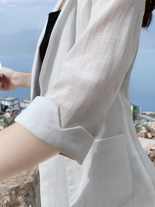 韩国薄款亚麻西装女2024年夏季新款七分袖棉麻小西服白色上衣外套