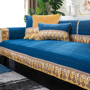 深蓝色沙发垫冬季防滑毛绒加厚现代简约轻奢水溶蕾丝边套罩巾盖布