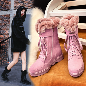 2018冬季新款兔毛加绒雪地靴女真皮松糕厚底中筒靴粉色马丁靴短靴
