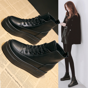 韩国潮牌内增高马丁靴女短靴新款秋冬季真皮黑色高帮松糕鞋女厚底