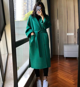 韩国ulzzang双面手工羊毛呢大衣系带显瘦显白孔雀绿色羊绒外套女
