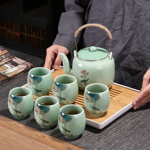 青瓷茶具套装提梁壶家用中式整套陶瓷大号茶壶简约现代喝茶杯茶盘