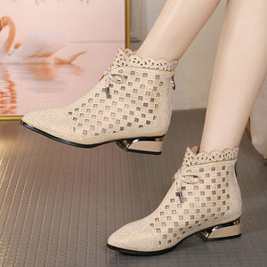 网纱凉靴春夏季新款水钻粗跟女鞋时尚镂空网靴百搭蝴蝶结大码女靴