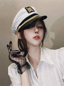 ins抖音网红同款派对Cosplay女警空姐刺绣平顶白色制服海军水手帽