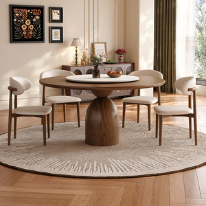 中古风全实木圆桌带转盘家用小户型意式白蜡木黑色复古风圆形餐桌