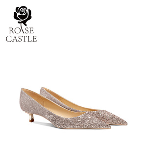 rose castle水晶婚鞋女低跟秀禾婚纱两穿新娘订婚鞋金色孕妇单鞋