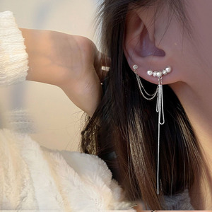 双耳洞耳环女纯银连体超仙珍珠两个耳洞的耳钉上下一体式一耳两洞