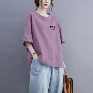 紫色大版纯棉宽松短袖t恤女装设计感夏季2024新款正肩外穿打底衫