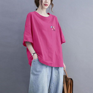 基础款百搭短袖玫红色T恤女洋气夏季韩版大码女装宽松体恤衫减龄
