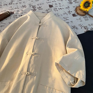 新中式亚麻短袖衬衫男士夏季盘扣唐装衬衣国潮五分袖棉麻寸衫外套