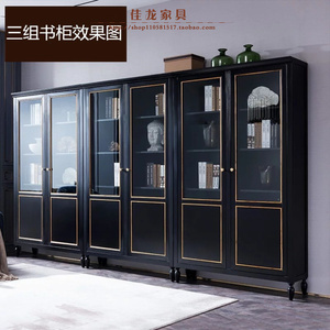 美式实木书柜一体靠墙置物架欧式带玻璃门书橱房转角简易整组合