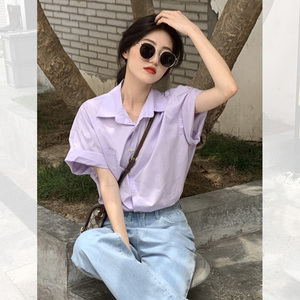 2024年夏季韩版休闲紫色衬衫短袖体恤女显瘦百搭宽松别致上衣外出