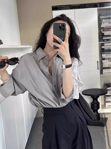 春秋季高级感韩版宽松灰色刺绣衬衫女设计感简约气质长袖衬衣打底