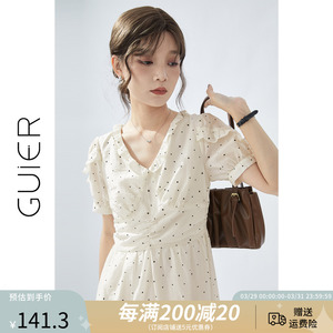 「GUIER」波点v领连衣裙女装新款2024夏季气质花边温柔风法式裙子