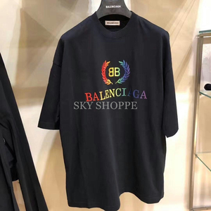 balenciaga/巴黎世家 彩色彩虹 bb刺绣麦穗logo 黑色 短袖t恤