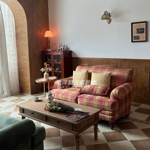 复古方格子布艺双人沙发客厅地中海美式田园风格沙发影楼拍摄沙发
