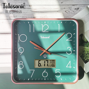 TELESONIC/天王星电波钟客厅挂钟方形居家静音卧室壁钟日历时钟表