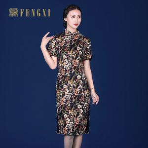 款后开衩高端钉珠七分袖改良旗袍裙女晚宴礼服装凤禧女装旗舰店