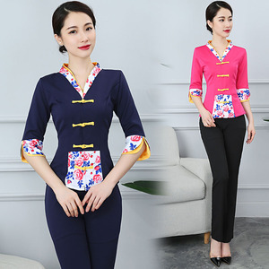 足浴工作服女2018新款长裤套装中式复古足疗按摩沐足店技师服显瘦