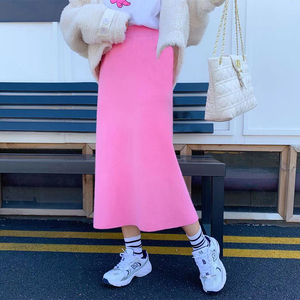 粉色半身裙秋冬女2021高腰显瘦遮胯中长款开叉一步裙子冬天配毛衣