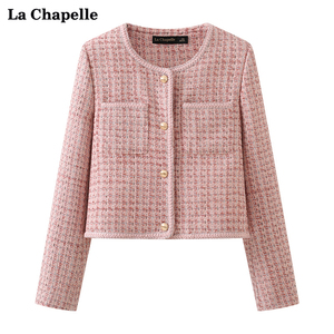 拉夏贝尔/La Chapelle气质轻奢圆领优雅短款红色小香风外套女春季