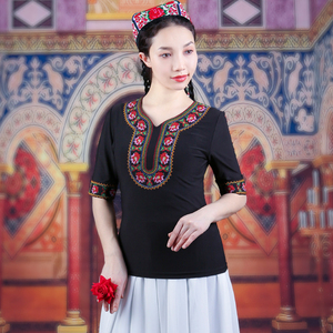 天山美翼舞蹈服女士夏季牛奶丝绣花短袖维吾尔族民族舞打底衫上衣