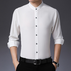 无领高档纯真丝男士长袖桑蚕丝衬衫中年春装全丝绸超薄商务衬衣潮
