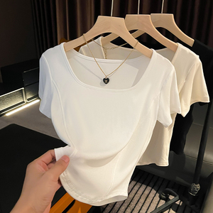 短袖T恤女白色夏季方领欧美潮牌性感修身气质慵懒潮流上衣打底衫