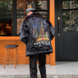 freemade特价加厚doublet手绘埃菲尔铁塔长绒皮草外套男不退不换