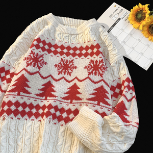 日系菱格麻花圣诞红色毛衣男女小众秋冬季套头针织衫长袖打底保暖