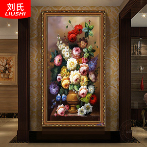 欧式油画手绘玄关画美式过道走廊挂壁画客厅竖版花卉牡丹花开富贵