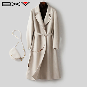 BXV米白色双面羊绒大衣女中长款2023秋新款腰带双面呢外套高级感