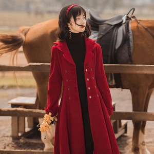 2020秋冬女复古赫本风红色大衣修身中长款过膝森系轻熟风毛呢外套