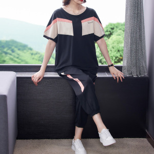 石头鱼大码洋气夏装女2021年新款夏时尚宽松胖妹妹mm拼接t恤套装