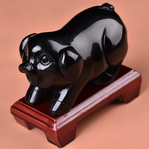 天然水晶黑曜石猪摆件黑色生肖小猪工艺品黑耀石黑猪办公室吉祥物