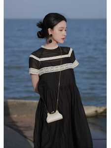FAshi 夏季新款法式复古蕾丝中长款裙子气质名媛宽松黑色连衣裙女