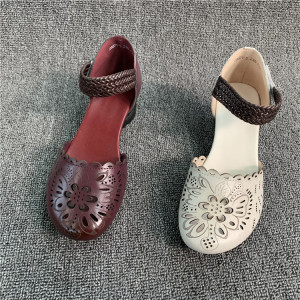 2019夏季新款女凉鞋 景本色牛皮厚底松糕底镂空复古鱼嘴真皮女鞋