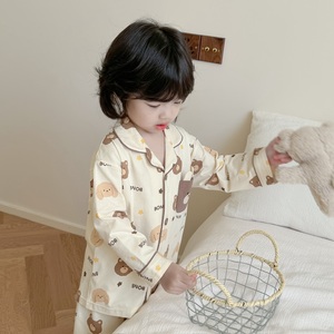 韩国儿童睡衣春季新款男童纯棉家居服女宝宝可爱洋气翻领开衫套装