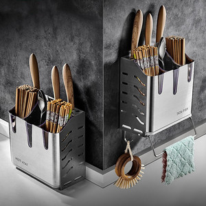 多功能刀架筷子筒一体厨房置物架304不锈钢菜刀刀具收纳架免打孔