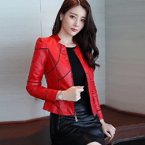 红色女式立领皮衣