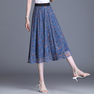 花色纱裙女夏季薄款印花a字裙2021胖人半身裙夏天中长款网纱裙子
