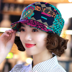 帽子女韩版时尚印花鸭舌帽平顶软沿棒球帽棉麻短檐布帽中年妈妈帽